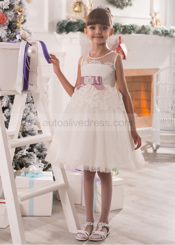 Ivory Lace Polka Dots Tulle Knee Length Cute Flower Girl Dress